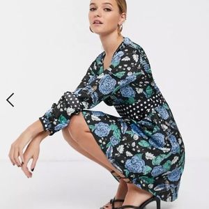 Tea dress with tie waist in floral polka dot mix